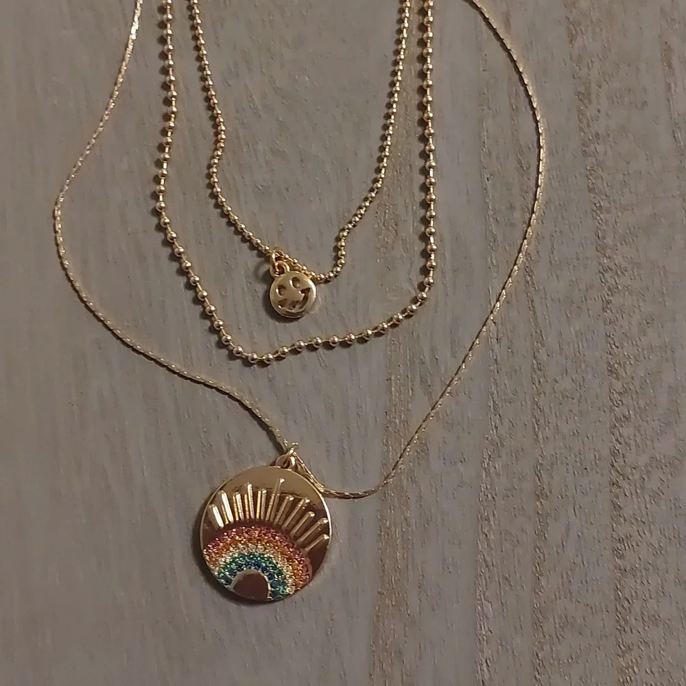Gold Toned Three Strand Rainbow Smiley Face Ball Chain Necklace